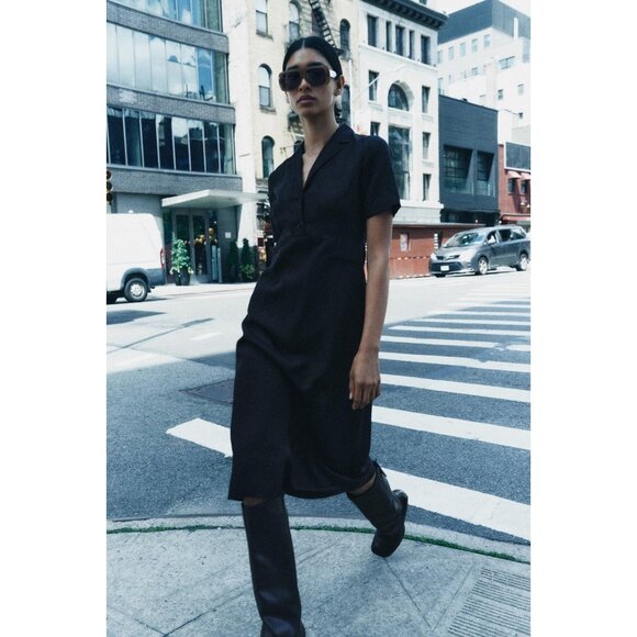 Zara Womens Linen Shirt Dress XL Black Collared Neck Short Sleeve 8962/298 NWT - Picture 1 of 16